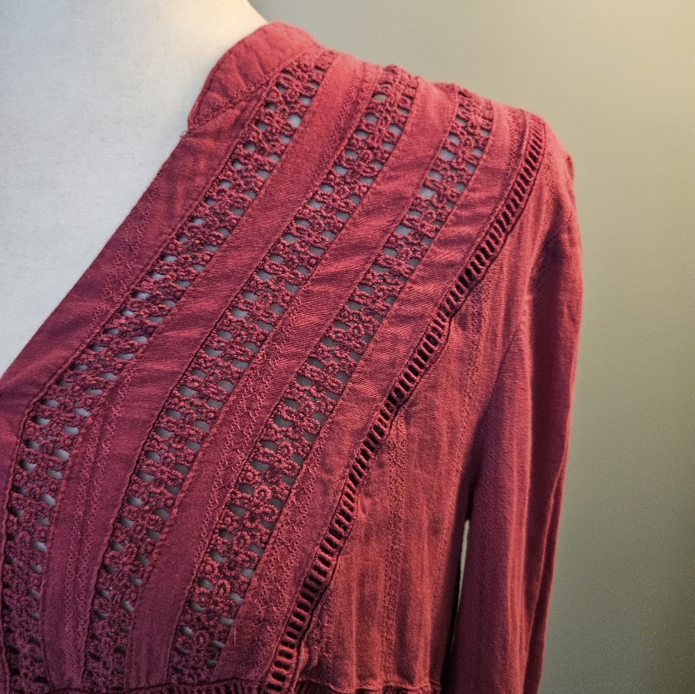 Free People Deep Pink V-Neck Eyelet Blouse Women's Size Small S - Picture 2 of 16